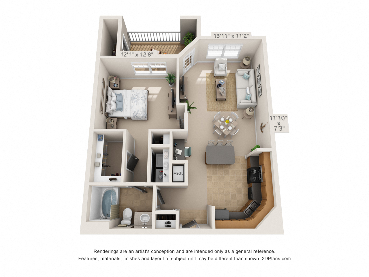 Floor plan for 1 bed, 1 bath, 798 sqft
